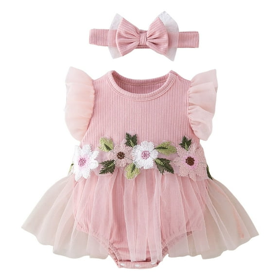 CAICJ98 Infant Baby Girl Lace Romper Baby Tulle Dress Romper Flowers Bodysuit Spring Summer Festival Clothes with Headband Pink,0-3 Months