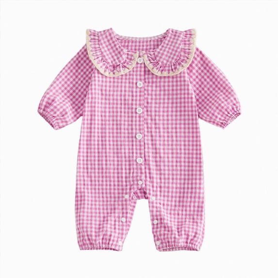 CAICJ98 Infant Baby Girl Plaid Jumpsuit Long Sleeve Ruffle Peter Pan Collar Gingham Romper Fall One Piece Baby Girl Clothing (Pink,6-9 Months)