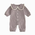 thumbnail image 1 of CAICJ98 Infant Baby Girl Plaid Jumpsuit Long Sleeve Ruffle Peter Pan Collar Gingham Romper Fall One Piece Infant Girls Clothes (Coffee,3-6 Months), 1 of 6