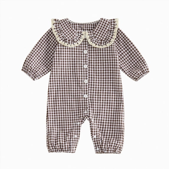 CAICJ98 Infant Baby Girl Plaid Jumpsuit Long Sleeve Ruffle Peter Pan Collar Gingham Romper Fall One Piece Infant Girls Clothes (Coffee,3-6 Months)
