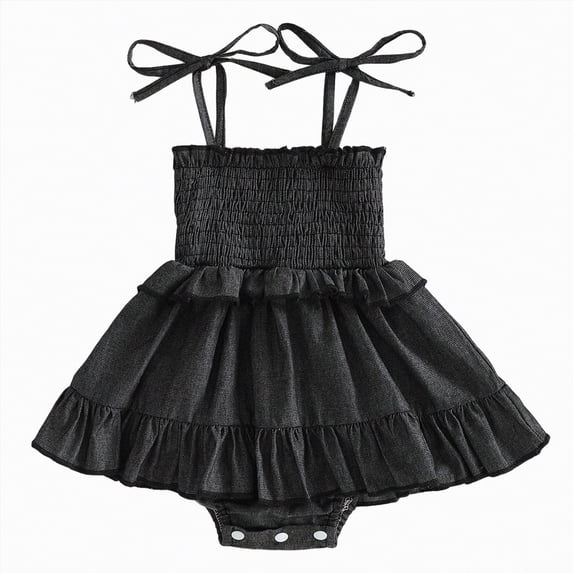 CAICJ98 Infant Baby Girl Summer Clothes Denim Romper Dress Newborn Baby Outfits Sleeveless Tie Up Shoulder Smocked Ruffle Bodysuit (Black,0-3 Months)