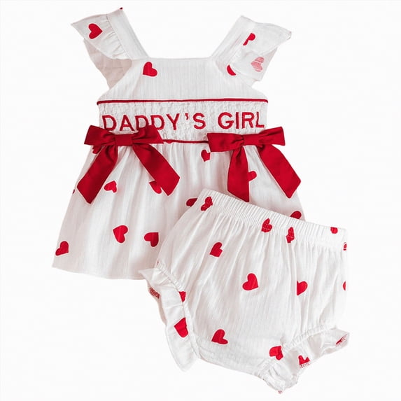 CAICJ98 Infant Baby Girl Valentines Day Outfits Ruffle Sleeve Heart Tank Tops Shorts Set Newborn Spring Summer Clothes (White,12-18 Months)