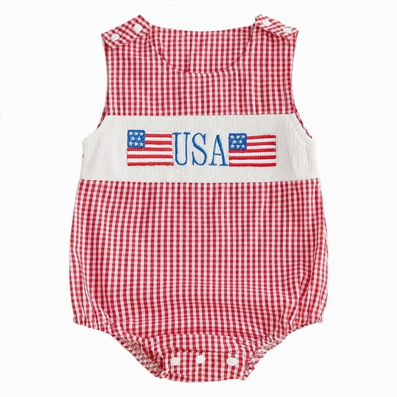 CAICJ98 Infant Baby Romper 4th of July Romper Striped Letter Embroidered Sleeveless Bodysuit Casual Infant Overalls for Boys Girls (Red,12-18 Months)