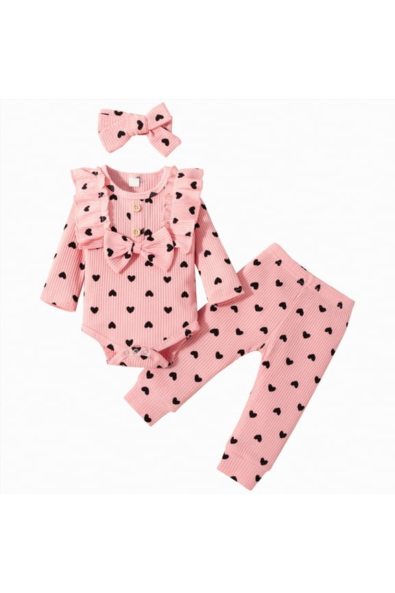 Infant Newborn Baby Girl Clothes Fall Winter Outfits Ruffled Long Sleeve Romper Pants Set Headband Toddler Clothing 3Pcs (Pink,0-3 Months)