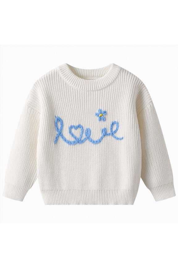 Infant Toddler Baby Boy Girl Knit Sweater Letter Embroidery Crew Neck Long Sleeve Pullover Knit Shirt Little Kid Fall Clothes (White,5-6 Years)