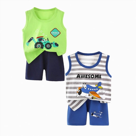 CAICJ98 Infant Toddler Baby Boy Summer Clothes 3 6 12 18 24 Months 2T 3T 4T 5T Boys Outfits 4Pcs Sleeveless Cartoon Shark Print Tank Tops & Shorts Sets Cotton,Size 18-24 Months