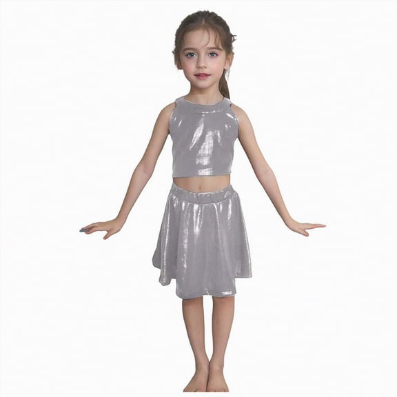 CAICJ98 Kid Girl Shiny Skirt and Top Set 2 Piece Texture Ribbed Metallic Disco Rave Cheer Outfit (Silver,3-4 Years)