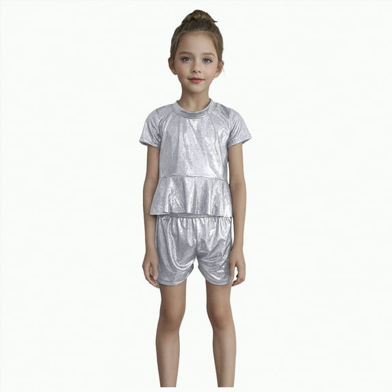 CAICJ98 Kid Girl Shiny Top and Shorts Set 2 Pcs Short Sleeve Metallic Disco Crop Top & Shorts Set Performance Dancewear (White,3-4 Years)
