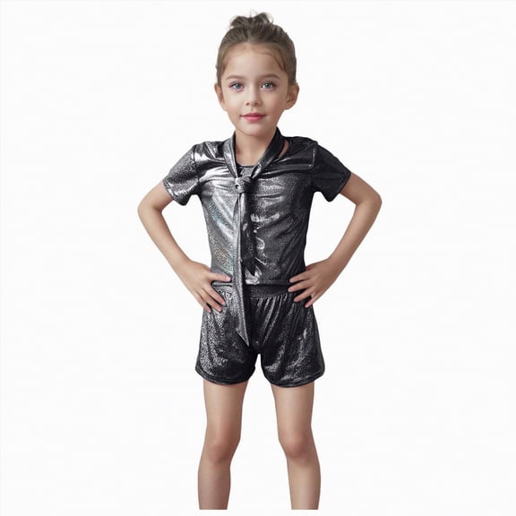 CAICJ98 Kid Girl Shiny Top and Shorts Set 2 Piece Texture Ribbed Metallic Disco Rave Cheer Outfit (Black,8-9 Years)