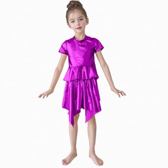 CAICJ98 Kid Girl Shiny Top and Shorts Set 2 Piece Texture Ribbed Metallic Disco Rave Cheer Outfit (Purple,3-4 Years)