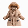 thumbnail image 1 of CAICJ98 Kid Girls Fleece Lining Coat with Belt Cute Pearl Dress Coat Winter Warm Collar Snow Puffer Jacket (Khaki,6-7 Years), 1 of 9