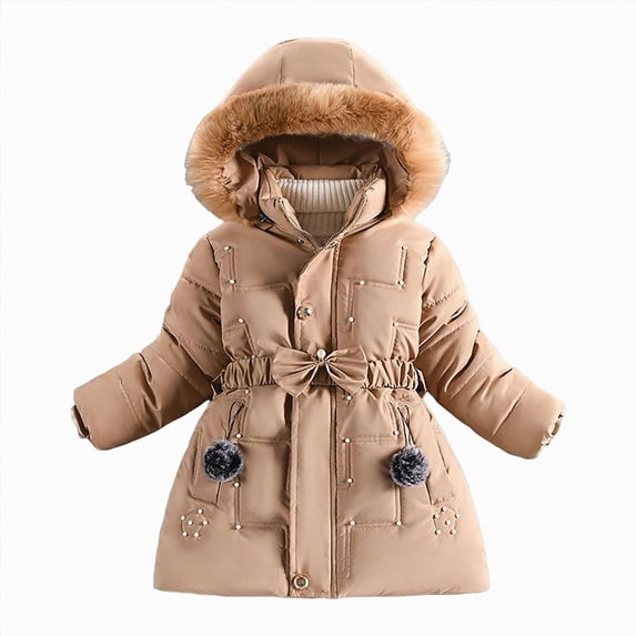 CAICJ98 Kid Girls Fleece Lining Coat with Belt Cute Pearl Dress Coat Winter Warm Collar Snow Puffer Jacket (Khaki,6-7 Years)