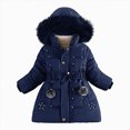 thumbnail image 1 of CAICJ98 Kid Girls Fleece Lining Coat with Belt Cute Pearl Dress Coat Winter Warm Collar Snow Puffer Jacket (Navy,5-6 Years), 1 of 5
