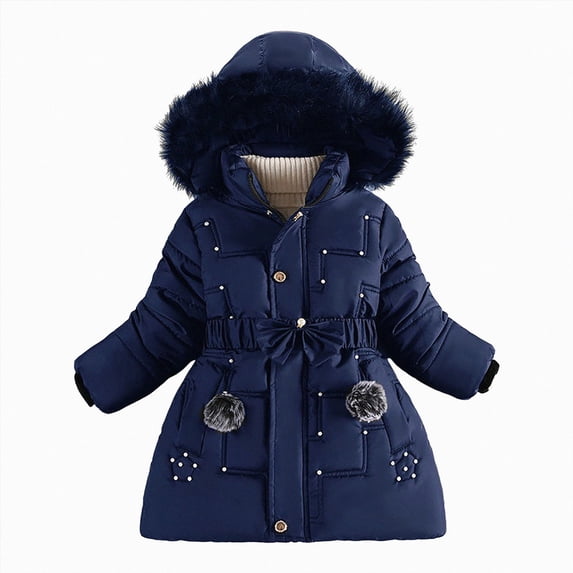 CAICJ98 Kid Girls Fleece Lining Coat with Belt Cute Pearl Dress Coat Winter Warm Collar Snow Puffer Jacket (Navy,5-6 Years)
