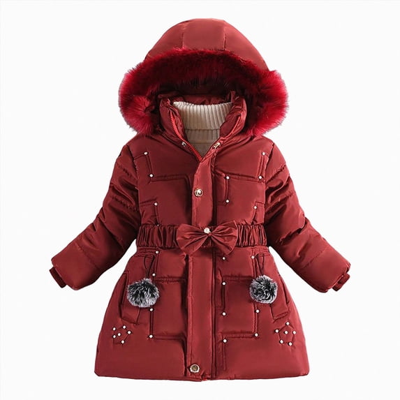 CAICJ98 Kid Girls Fleece Lining Coat with Belt Cute Pearl Dress Coat Winter Warm Collar Snow Puffer Jacket (Red,4-5 Years)