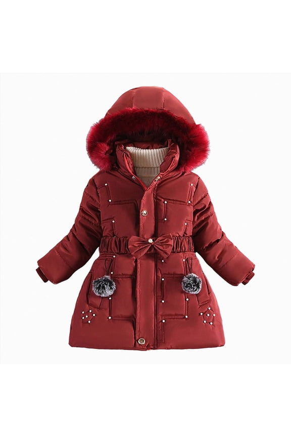 Kid Girls Fleece Lining Coat with Belt Cute Pearl Dress Coat Winter Warm Collar Snow Puffer Jacket (Red,5-6 Years)