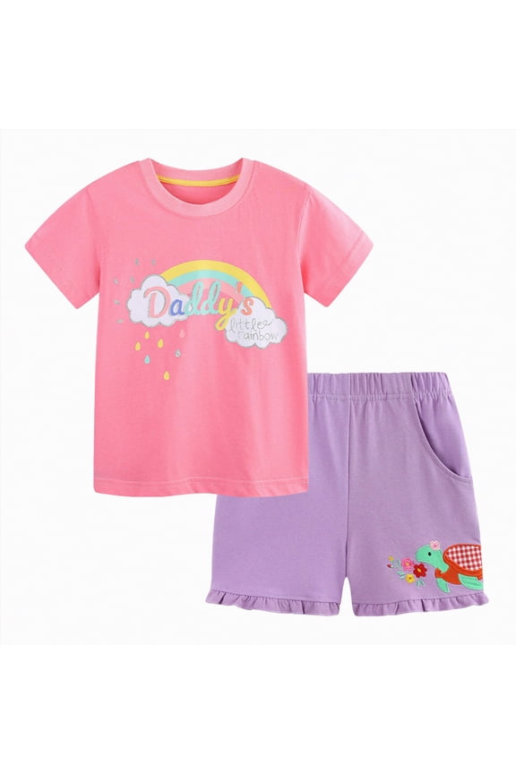 Kid Toddler Girl Clothes Shorts Set 2 Piece Outfits Summer Casual Short Sleeve Rainbow Top and Shorts Set (Pink,7-8 Years)