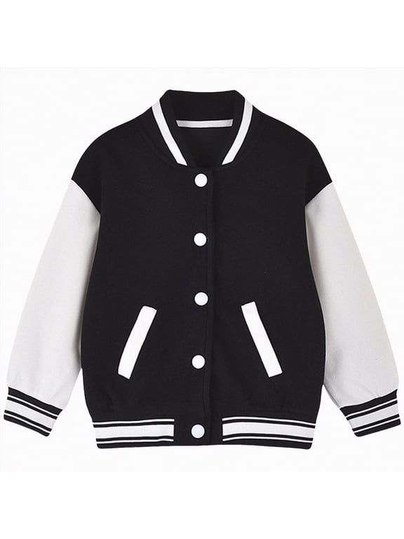 Kids Baseball Jacket Long Sleeve Letterman Varsity Jackets for Boys and Girls Buttons Coat Quick Dry Toddler Bomber Jacket (Black,3-4 Years)