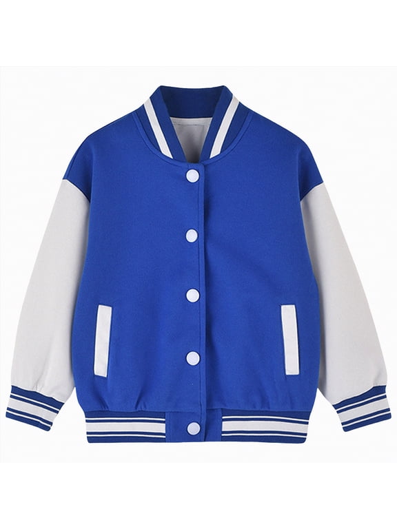 Kids Baseball Jacket Long Sleeve Letterman Varsity Jackets for Boys and Girls Buttons Coat Quick Dry Toddler Bomber Jacket (Blue,15-16 Years)
