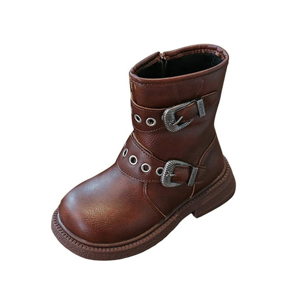 CAICJ98 Kids Boots Side Zipper Combat Shoes with Lace Up Ankle Boots for Toddler Girls Brown (Little Kid/Big Kid),13.5