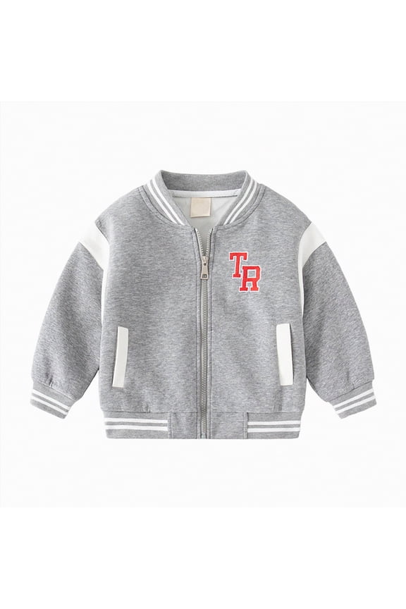 Kids Boys Baseball Jacket Toddler Varsity Fleece Letterman Coat Vintage Bomber Casual Button Outerwear with Pockets Kids Baseball Jacket (Grey,5-6 Years)