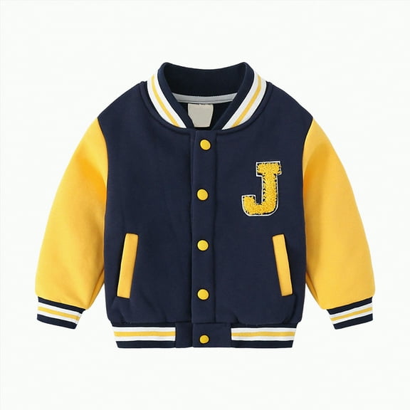 CAICJ98 Kids Boys Baseball Jacket Toddler Varsity Fleece Letterman Coat Vintage Bomber Casual Button Outerwear with Pockets Kids Letterman Jackets (Yellow,18-24 Months)