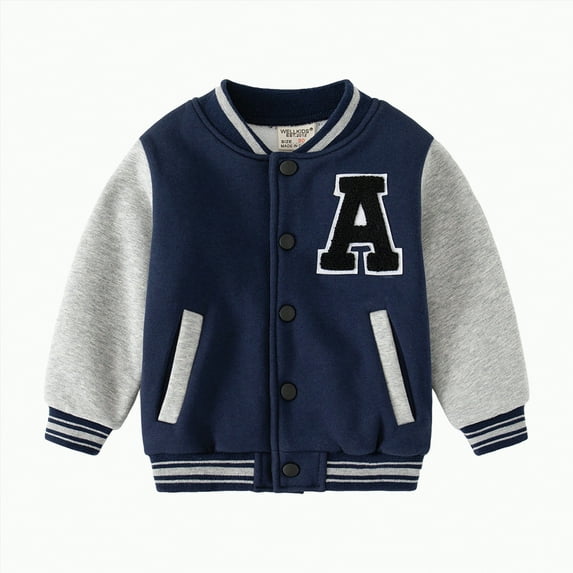 CAICJ98 Kids Boys Baseball Jacket Toddler Varsity Fleece Letterman Coat Vintage Bomber Casual Button Outerwear with Pockets Varsity Jacket Boys (Navy,4-5 Years)