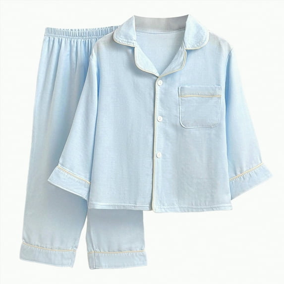 CAICJ98 Kids Cotton Clothes Set,Boys Girls Button Down Top and Pants Long Sleeve Soft Toddler Comfortable Clothes Sets Toddler Boys Girls Pajamas,(Sky Blue,3-4 Years)