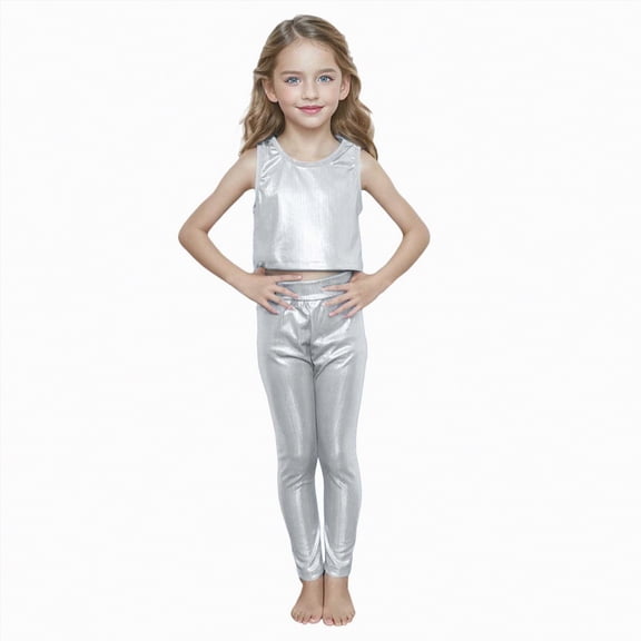 CAICJ98 Kids Girls Dance 2 Piece Outfits Shiny Crop Top and Metallic Pants for Dancing Rave Festival (Silver,4-5 Years)