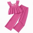 thumbnail image 1 of CAICJ98 Kids Girls Summer Outfits Smocked Ruffle Sleeveless Flower Embroidery Shirts Tops Linen Pants Prety Spring Clothing Set (Watermelon Red,10-11 Years), 1 of 7