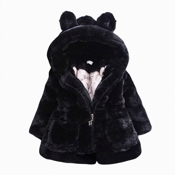 CAICJ98 Kids Girls Winter Warm Coats Jacket Clothes Overcoat Ear Hooded Thicken Fleece Outwear for Toddler (Black,4-5 Years)