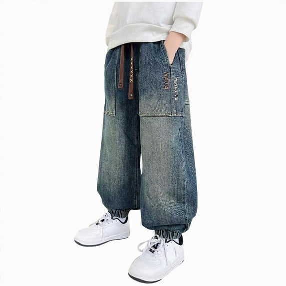 CAICJ98 Kids Jeans Boys Kids Fashion Fleece Lined Jeans Elastic Waist Denim Pants with Pockets Baggy Jeans for Boys (Blue,5-6 Years)
