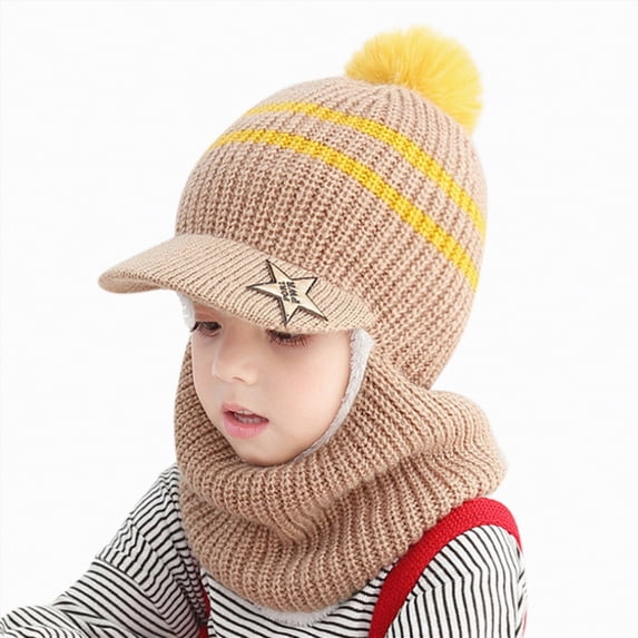 CAICJ98 Kids Knitted Hat 2 in 1 Winter Warm Knitted Hat Hooded Scarf for Toddler Boys Girls Cotton Visor Beanie Cap 1-8 Years,Yellow