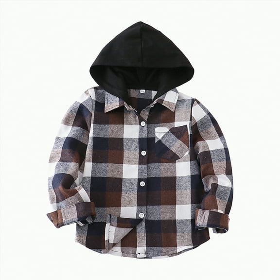 CAICJ98 Kids Little Boys Girls Baby Long Sleeve Button Down Hooded Plaid Flannel Shirt Toddler Boy Outfits (Coffee,3-6 Months)