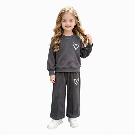 CAICJ98 Kids Toddler Girls Clothes Heart Graphic Drop Shoulder Top Pullover Pants Fall Winter Outfit Set,Size 4-5 Years