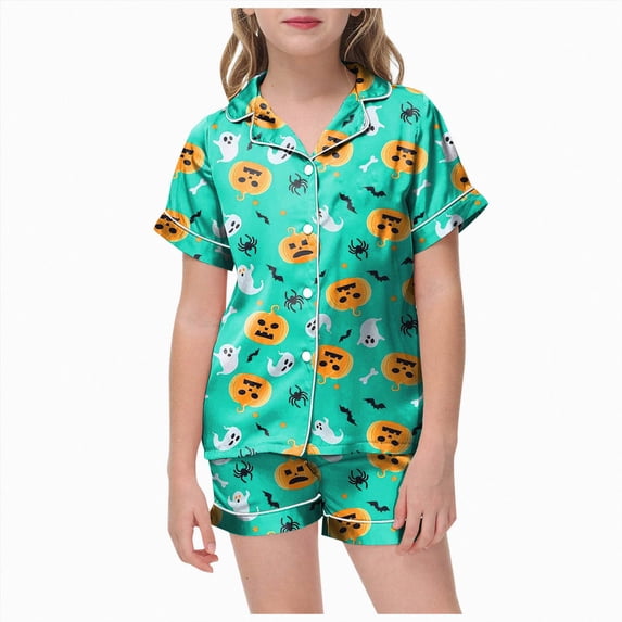 CAICJ98 Little Girl Halloween Pajamas Pumpkin Ghost Print Short Sleeve 2 Piece Button Down PJs for Kids Soft Sleepwear Girls Pajama Set (Green,8-9 Years)