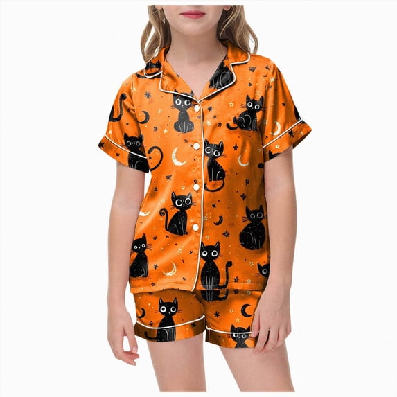 CAICJ98 Little Girl Halloween Pajamas Short Sleeve Button Down Pjs Funny Ghost Pumpkin Graphic Soft Sleepwear 2Pcs Outfits Pajamas Girls (Orange,4-5 Years)