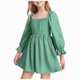 thumbnail image 1 of CAICJ98 Little Girls Kids Fall Spring Chiffon Ruffle Mini Dress Square Neck Lantern Long Sleeve Short Dress for Toddler Kids Tulle Smocked (4-5 Years,Green), 1 of 8