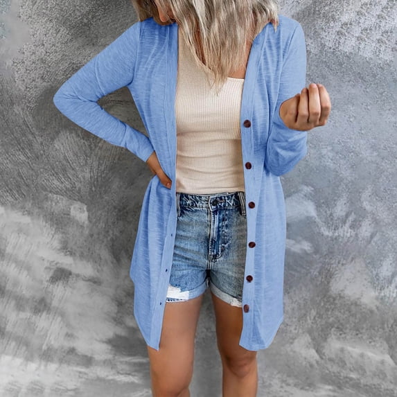 CAICJ98 Long Cardigans for Women Plus Size Womens Long Sleeve Cable Knit Long Cardigan Open Front Button Sweater Outerwear Sky Blue,M