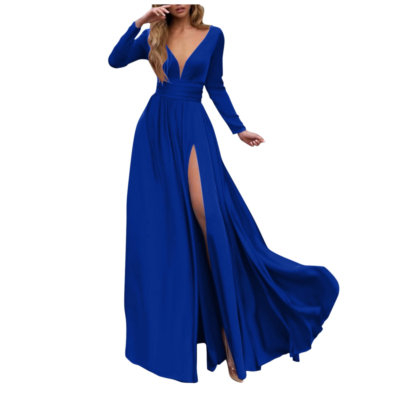 CAICJ98 Long Sleeve Dress For Women Wedding Guest Women's Off The Shoulder  A-line Beaded Satin Prom Dress Long Evening Ball Gown with Pockets Blue,L