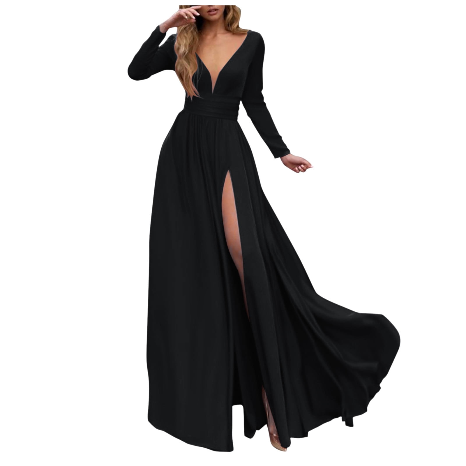 CAICJ98 Long Sleeve Dress for Women Wedding Guest Women's Lace Long Sleeve  Dress V-Neck Elegant Tight Folds Dresses Black,S - Walmart.com