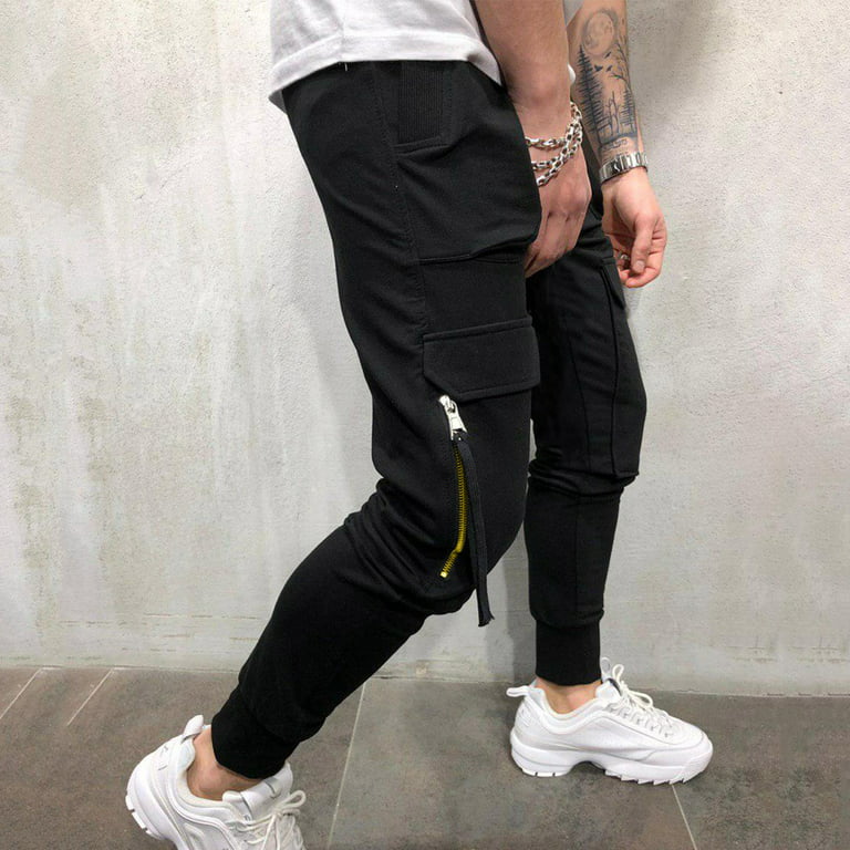 CAICJ98 Men'S Pants Men's Active Tack Jogger Pants Fitness Tapered  Sweatpants Slim Fit Trousers with Zipper Pockets Black,M