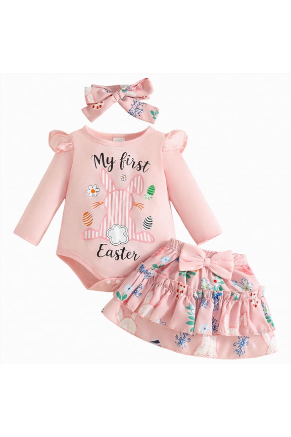 My First Easter Baby Girl Outfits Newborn Long Sleeve Romper+Rabbit Tutu Skirt+Headband Infant Clothes Set (Red,3-6 Months)