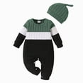 thumbnail image 1 of CAICJ98 Newborn Baby Boy Clothes Fall Winter Cute Infant Outfits Long Sleeve Ribbed Knitted Romper Hat Bodysuit Color Block Jumpsuits (Dark Green,3-6 Months), 1 of 7