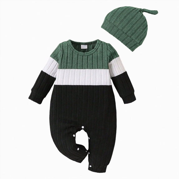 CAICJ98 Newborn Baby Boy Clothes Fall Winter Cute Infant Outfits Long Sleeve Ribbed Knitted Romper Hat Bodysuit Color Block Jumpsuits (Dark Green,3-6 Months)