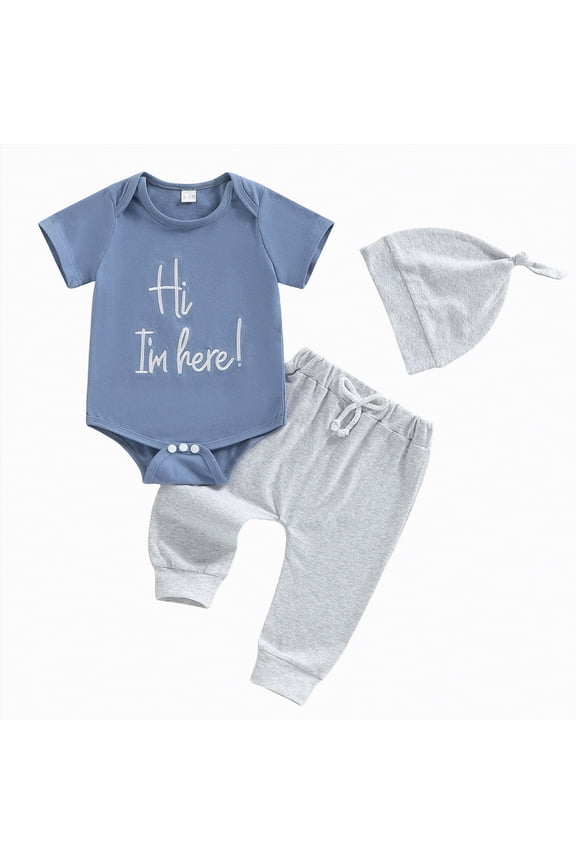 Newborn Baby Boy Clothes Hi I'm New Here Coming Home Outfit Letter Print Romper Pant Spring Summer Baby Boy's Clothing (Blue,3-6 Months)