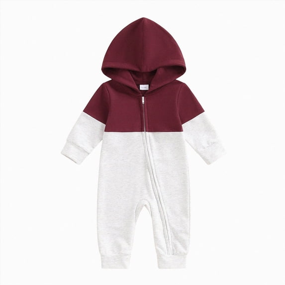CAICJ98 Newborn Baby Boy Clothes Long Sleeve Color Block Hooded Romper One Piece Hoodie Jumpsuit Fall Winter Outfits (Wine,3-6 Months)