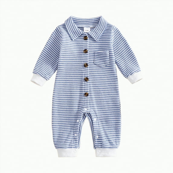 CAICJ98 Newborn Baby Boy Clothes Stripe Collared Infant Romper Boy Waffle Knit Long Sleeve Button Up Jumpsuit Bodysuit Fall Winter Outfit (Blue,18-24 Months)