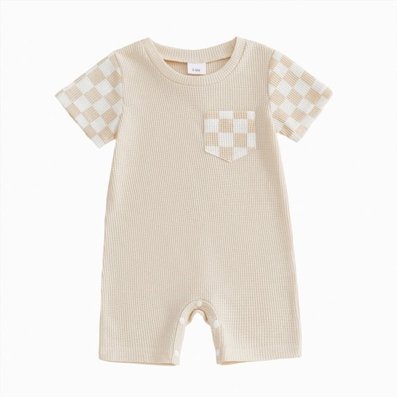 CAICJ98 Newborn Baby Boy Girl Clothes Checkered Plaid Romper Jumpsuit Short Sleeve One-Piece Bodysuit Infant Summer Outfit (Beige,0-3 Months)