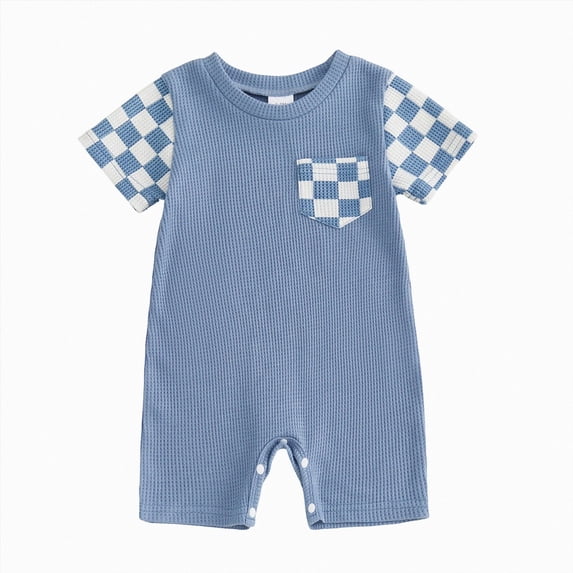 CAICJ98 Newborn Baby Boy Girl Clothes Checkered Plaid Romper Jumpsuit Short Sleeve One-Piece Bodysuit Infant Summer Outfit (Blue,0-3 Months)